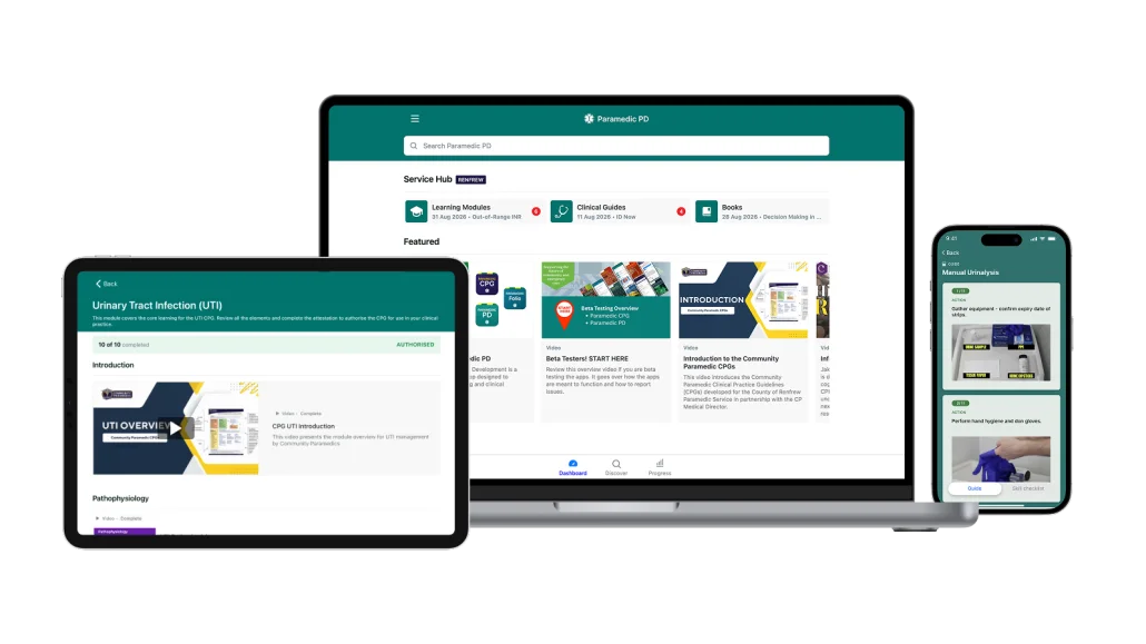 Paramedic PD app shown on a tablet, laptop and phone